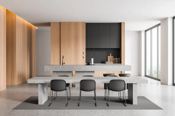 Helle Kücheneinrichtung Mit Stühlen Und Tisch Auf Teppich Barinsel Mit — Stockfoto