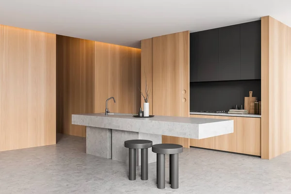 风格新颖的厨房内部 有酒吧岛和座位 侧视图 灰色混凝土地板 烹饪空间中的最低限度厨房用具和装饰 3D渲染 — 图库照片