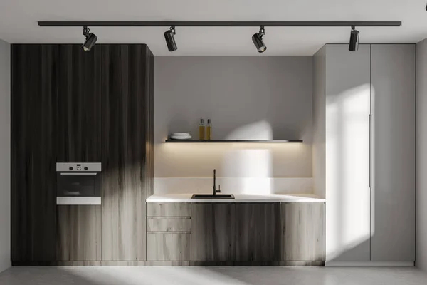キッチン用品や冷蔵庫 グレーのコンクリート床と木製のキッチンインテリア 現代のアパートでミニマリストの調理スペース 3Dレンダリング — ストック写真