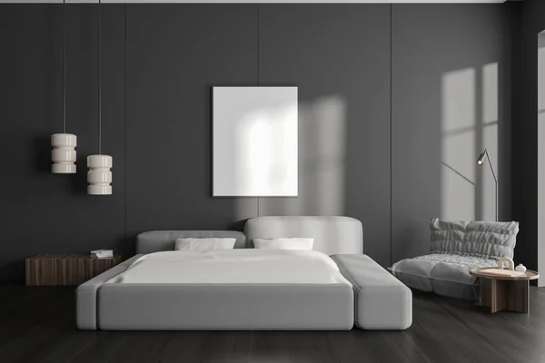 前看黑暗的卧室内部与空的白色海报 橡木地板 简约设计的概念 创意空间 把它弄坏了3D渲染 — 图库照片