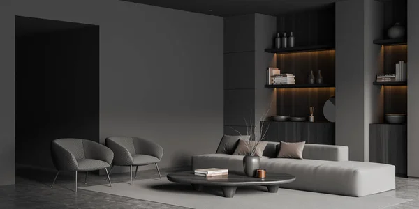 Corner view on dark living room interior with armchairs, sofa, arch, coffee table, concrete floor, carpet, shelves with books, round mirror. Concept of minimalist design, modern art. 3d rendering