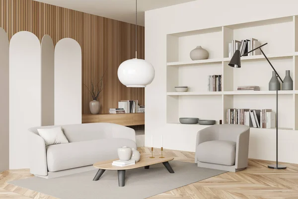 Hvid Stue Interiør Med Sofa Lænestol Sideudsigt Tæppe Trægulv Møde - Stock-foto