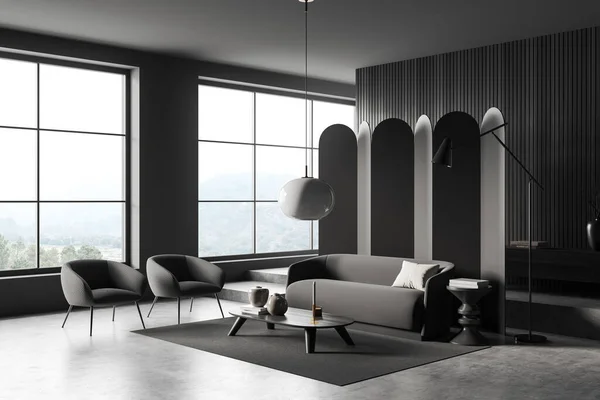 Dunkles Ruheraum Interieur Mit Sofa Und Sesseln Seitenblick Teppich Auf — Stockfoto