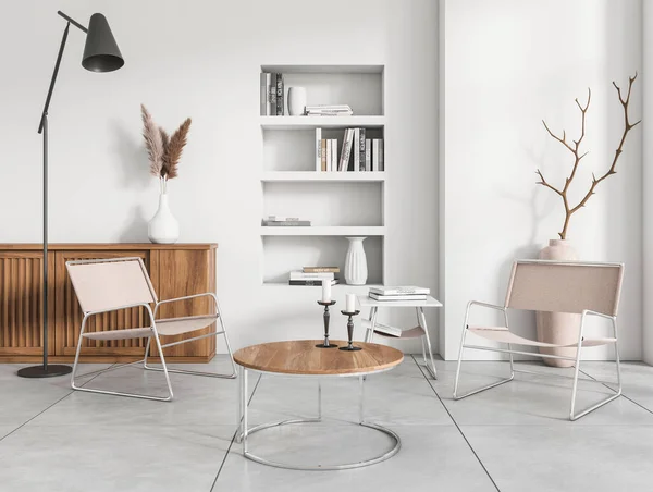 Frontansicht Auf Helle Wohnzimmereinrichtung Mit Weißen Wänden Couchtisch Sessel Regale — Stockfoto