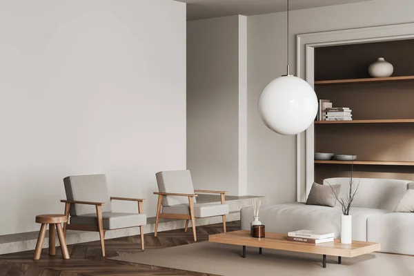 白色客厅内部有两张扶手椅和沙发 侧视图 地毯硬木地板 用时髦的家具放松角落 模型空白墙 3D渲染 — 图库照片