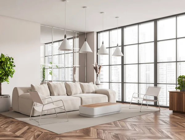 Beige living room interior with sofa and two armchairs, side view, panoramic window on Singapore. Coffee table and stand with decoration, carpet on hardwood floor. 3D rendering