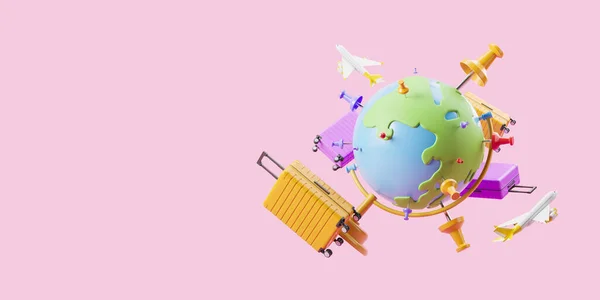 Cartoon Aarde Bol Met Pinnen Koffers Vliegende Vliegtuigen Roze Achtergrond — Stockfoto