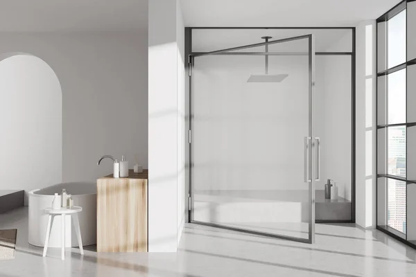 White Bathroom Interior Shower Podium Glass Doors Bathtub Partition Minimalist — Stock Photo, Image