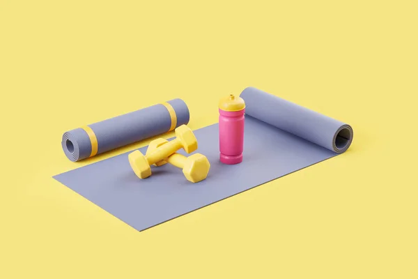 在黄色背景的灰色垫子上的锻炼设备 哑铃和瓶装水 瑜伽和有氧运动的概念 3D渲染 — 图库照片