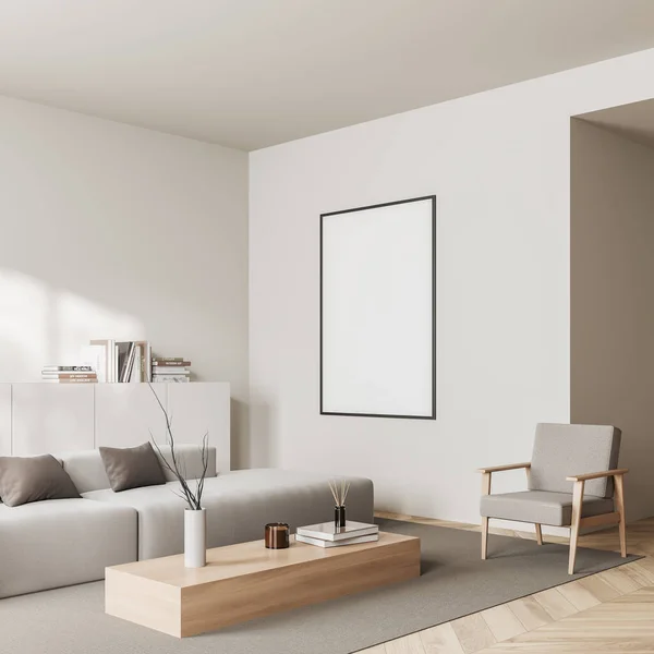 在明亮的客厅内部的角落 有空白的白色海报 扶手椅 餐具柜 橡木硬木地板 简约设计的概念 把它弄坏了3D渲染 — 图库照片