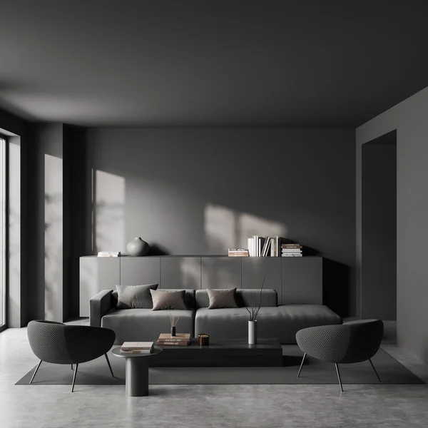 Front view on dark living room interior with coffee table, sofa, armchairs, arch, carpet, grey wall, sideboard, books, crockery, concrete floor. Concept of minimalist design. 3d rendering