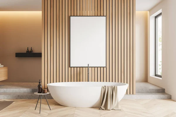 Béžová Koupelna Interiér Vanou Stolička Příslušenstvím Podlaze Tvrdého Dřeva Hotelové — Stock fotografie