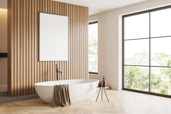 Rohový Výhled Světlý Interiér Koupelny Prázdným Bílým Plakátem Vanou Panoramatickými — Stock fotografie
