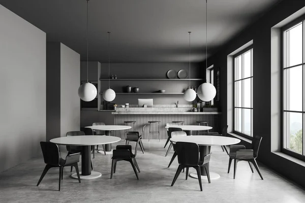 Interior Café Escuro Com Bancada Bar Mesa Cadeiras Caixa Dinheiro — Fotografia de Stock
