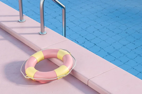 ピンクのコンクリート床 水とホテルのスイミングプールでのライフブイのトップビュー 救助と生活ベルトの概念 3Dレンダリング — ストック写真