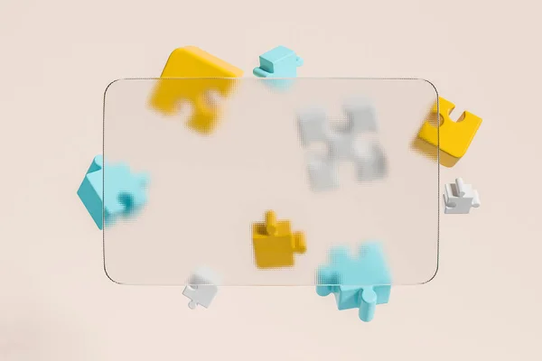 在米色背景上有彩色几何图形拼图的玻璃名片 模拟空空间模板 信息和联系的概念 3D渲染 — 图库照片