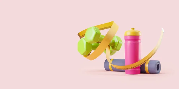 水筒付きのドンベルとウエストテープ ピンクの背景にグレーのマット 食事と監視の概念 3Dレンダリング — ストック写真