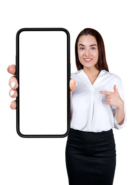 Office Woman Finger Point Smartphone Holding Device Hand Smiling Mock —  Fotos de Stock