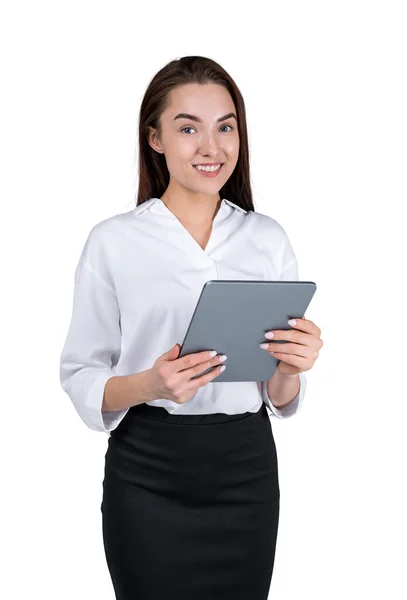 Bizneswoman Patrząca Kamerę Tabletką Rękach Odizolowana Białym Tle Pojęcie Połączenia — Zdjęcie stockowe