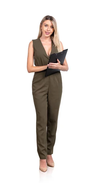 Office Woman Green Jumpsuit Holding Business Clipboard Hands Full Length — Photo