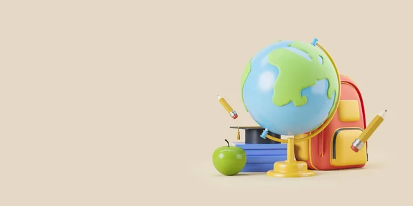 Cartoon earth globe and backpack with graduation hat and pencil taking note on empty beige background. Concept of education and knowledge. Copy space. 3D rendering