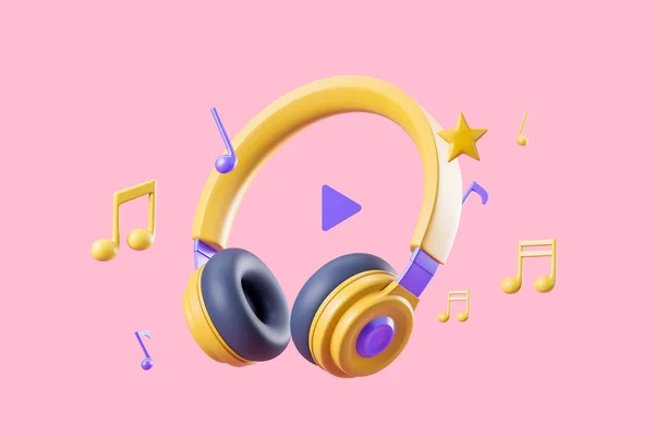 Yellow Headphones Musical Notes Stars Play Button Concept Songs Rendering — Stock Photo, Image