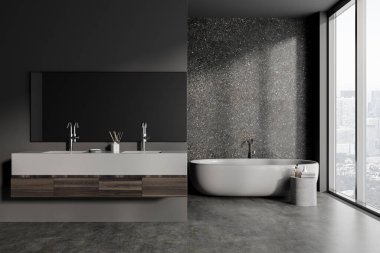 Gri taştan duvarları, beton zemini, rahat gri küveti ve gri ve koyu ahşap tezgahta duran uzun aynalı çift lavabosu olan şık bir banyo. 3d oluşturma