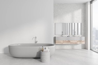 Beyaz taştan duvarları, beton zemini, rahat beyaz küveti ve beyaz ve ahşap tezgahın üzerinde duran uzun aynalı çift lavabosu olan şık bir banyo. 3d oluşturma