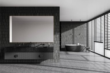 Gri kiremit duvarlı şık bir banyo, beton zemin, rahat gri küvet, uzun aynalı çift lavabo ve panoramik pencereli panjur. 3d oluşturma