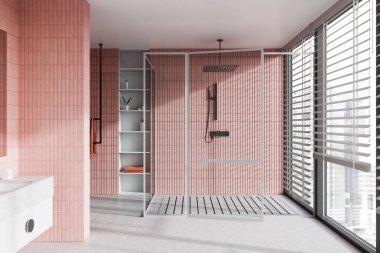 Pembe kiremit duvarlı modern banyo, beton zemin, cam duvarlı duş kabini, hijyen ürünleri olan raflar ve panjurlu panoramik pencere. 3d oluşturma