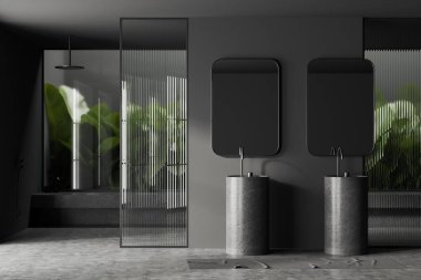 Gri duvarları, beton zemini, üzerinde aynalar olan iki yuvarlak lavabo ve cam duvarlı duş kabini olan şık bir banyo. 3d oluşturma
