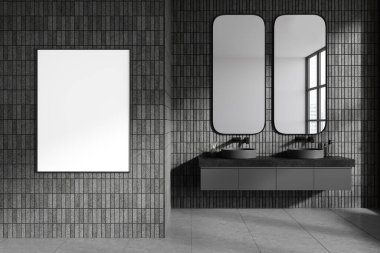 Gri kiremit duvarlı şık bir banyo, beton zemin, üzerinde iki dikey ayna olan çift lavabo ve solunda dikey model poster. 3d oluşturma
