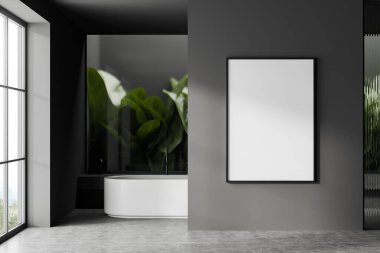 Gri duvarları, beton zemini, rahat beyaz küveti ve dikey poster çerçevesi olan şık bir banyo. Reklam ve kaplıca kavramı. 3d oluşturma