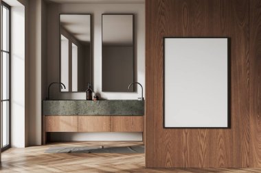Modern banyo, bej duvarlar, ahşap zemin, rahat çift lavabo, iki dikey ayna ve ahşap duvarda sahte poster. 3d oluşturma