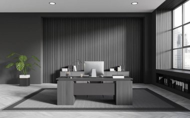 Gri ve koyu ahşap duvarları, ahşap zemini, sandalyeli rahat bilgisayar masası ve klasörlü dolabı olan şık CEO ofisi. 3d oluşturma