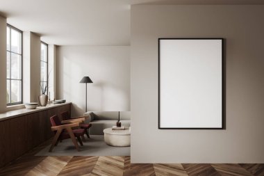 Beyaz duvarları, ahşap zemini, iki kırmızı koltuğu, rahat gri koltuğu, yuvarlak kahve masası ve sağdaki afişi taklit eden modern oturma odasının içi. 3d oluşturma
