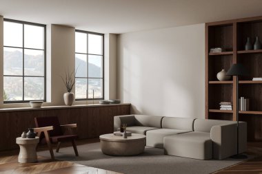 Modern oturma odasının köşesinde beyaz duvarlar, ahşap zemin, kırmızı koltuk, rahat gri kanepe, yuvarlak sehpa ve kitaplık. Dağ manzaralı bir pencere. 3d oluşturma