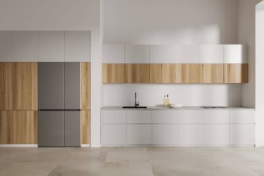 Beyaz duvarları olan şık bir mutfak, fayanslı döşeme, fırında ve lavaboda yapılmış beyaz ve ahşap dolaplar ve büyük gri buzdolabı. 3d oluşturma