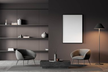 Koyu gri duvarları, beton zemini, sehpanın yanında duran iki rahat koltuğu, kitap rafları ve dikey poster çerçevesi olan şık bir oturma odası. 3d oluşturma