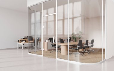 Modern ofis toplantı odasının köşesinde açık pembe ve cam duvarlar, kahverengi halılar, uzun konferans masası ve gri sandalyeler. 3d oluşturma
