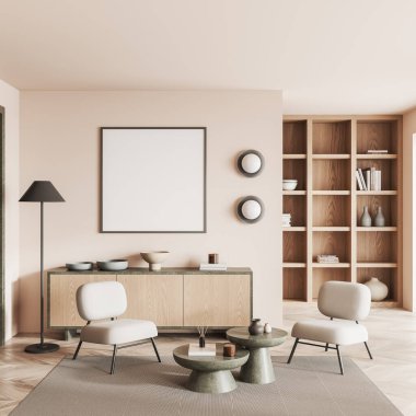 Modern oturma odasının içinde bej duvarlar, ahşap zemin, iki rahat koltuk, ahşap kitaplık ve üzerinde kare şeklinde bir poster asılı şifonyer. 3d oluşturma