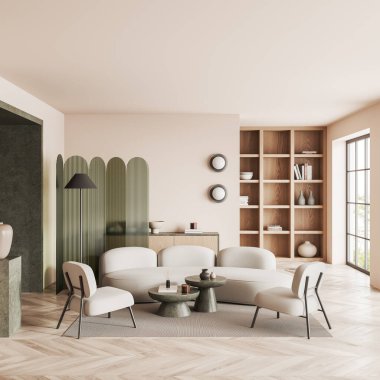 Modern oturma odasının içinde bej duvarlar, ahşap zemin, rahat beyaz kanepe ve koltuk, iki yuvarlak sehpa ve ahşap kitaplık. 3d oluşturma