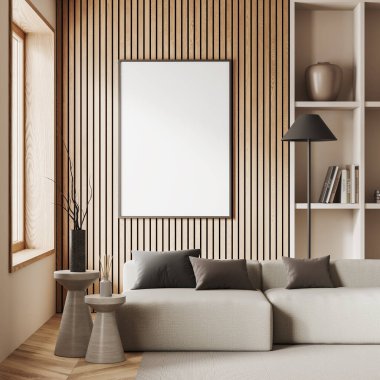 Beyaz ve ahşap duvarları, ahşap zemini, uzun beyaz koltuğu, kitaplığı ve dikey maketi olan rahat bir oturma odası. 3d oluşturma