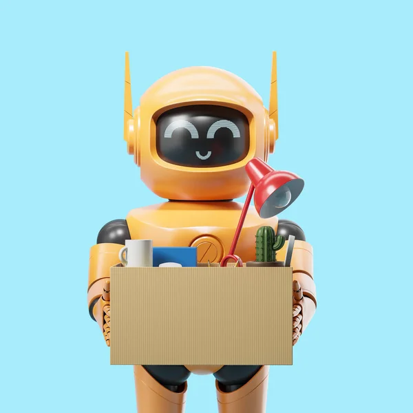 Orange Sztuczna Inteligencja Robot Wnioskodawca Trzyma Pole Osobistych Przedmiotów Stojących — Zdjęcie stockowe