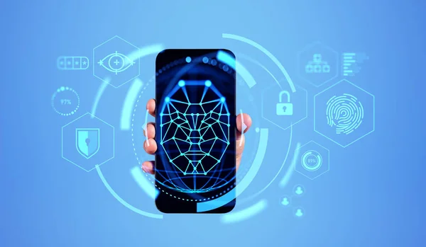 Hand of man showing smartphone with immersive facial recognition interface with shield, fingerprint and eye over blue background. Concept of biometric scanning