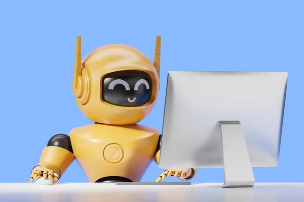 Żółty Sztuczna Inteligencja Robot Pomocą Komputera Przy Stole Biurowym Niebieskim — Zdjęcie stockowe