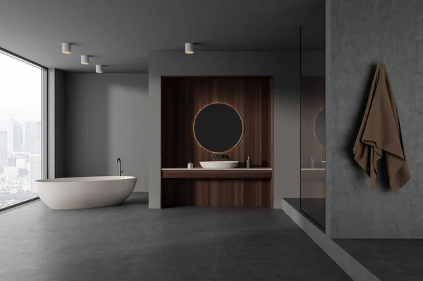 Interior Modern Bathroom Gray Wooden Walls Comfortable Bathtub Sink Mirror — Stock Photo, Image