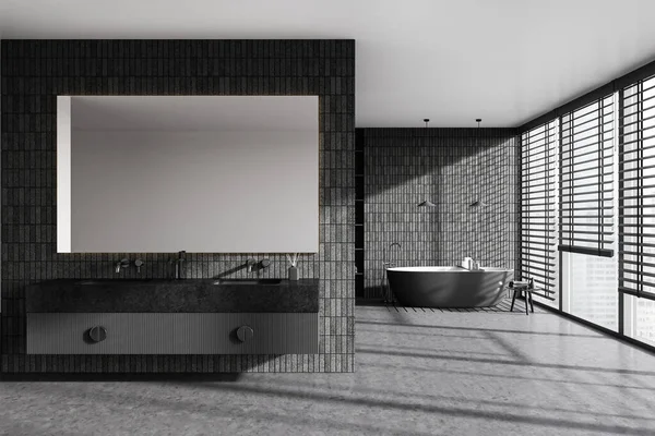 Interior Casa Banho Elegante Com Paredes Azulejos Cinza Piso Concreto — Fotografia de Stock