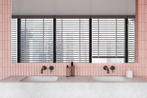 Interior Modern Bathroom Pink Tile Walls Massive White Double Sink — Stock Photo, Image