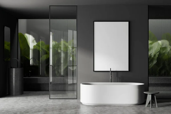 Interior Stylish Bathroom Gray Walls Concrete Floor Comfortable White Bathtub — Stock Photo, Image